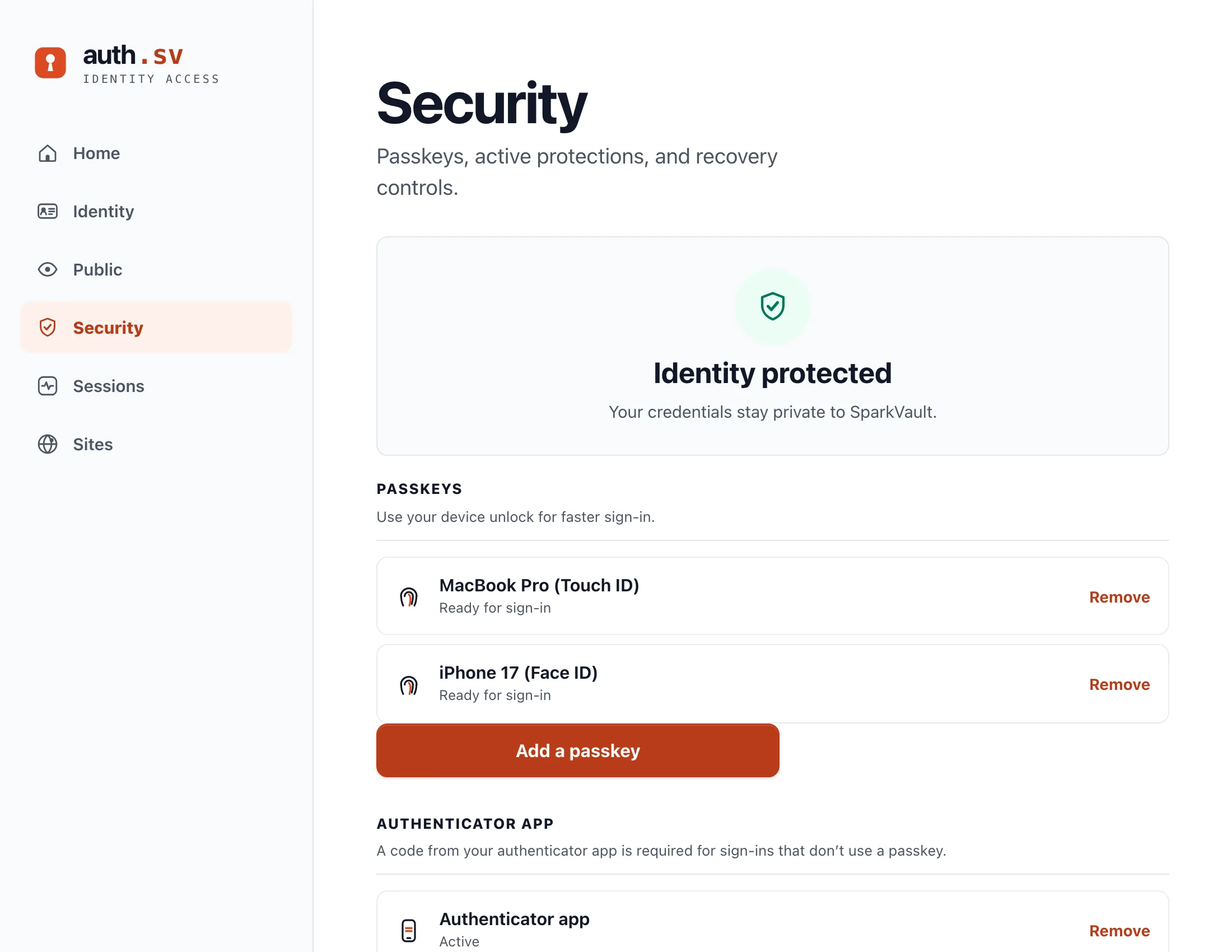 The auth.sv Security page: an Identity protected summary, two registered passkeys with Remove buttons, an Add a passkey button and an authenticator app