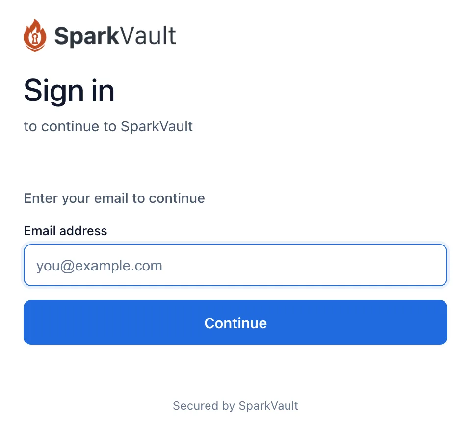 The SparkVault sign-in popup: a Sign in heading, one email address field and a Continue button