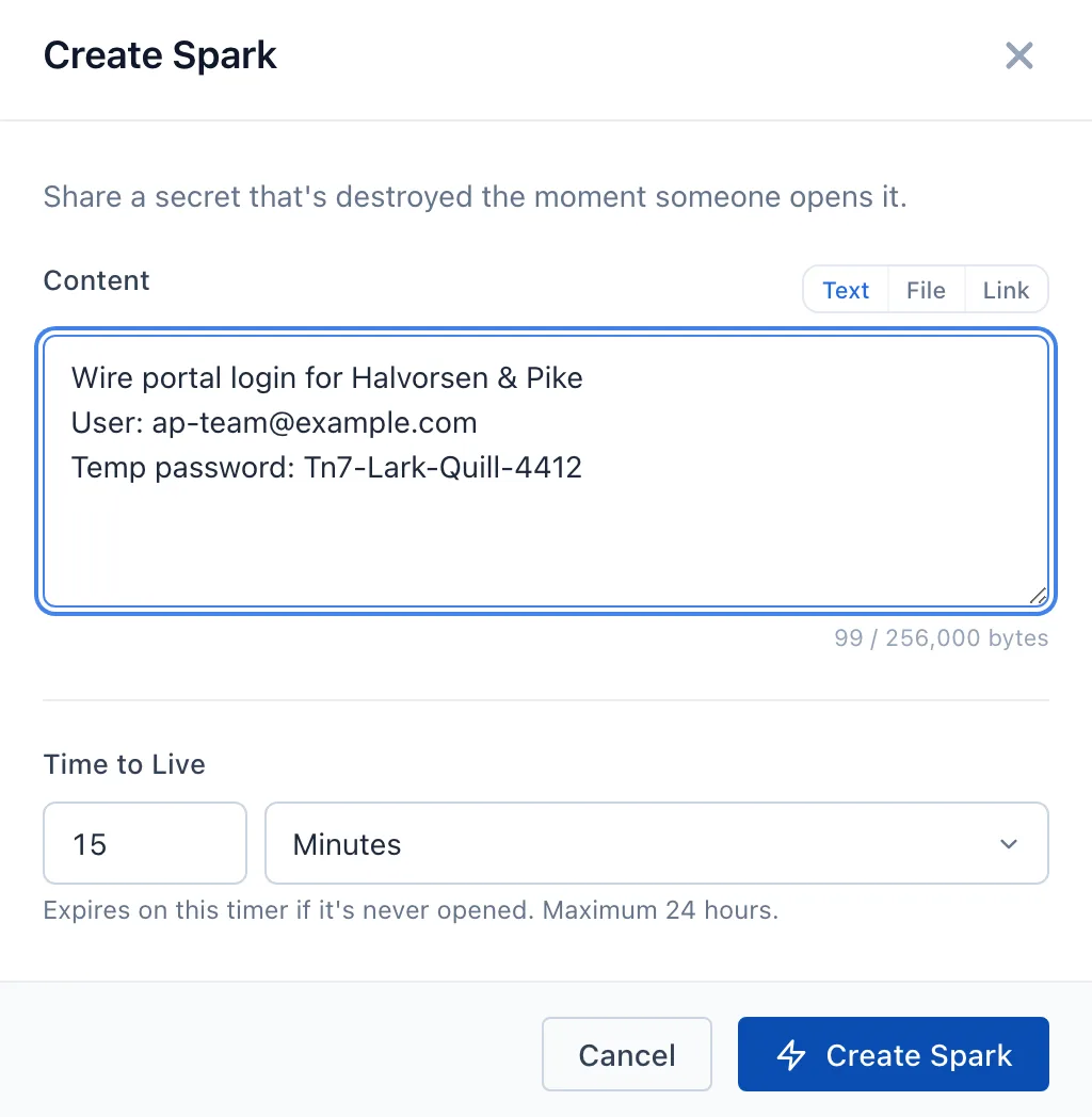 The console's Create Spark dialog with a secret typed in and a 15-minute lifetime selected