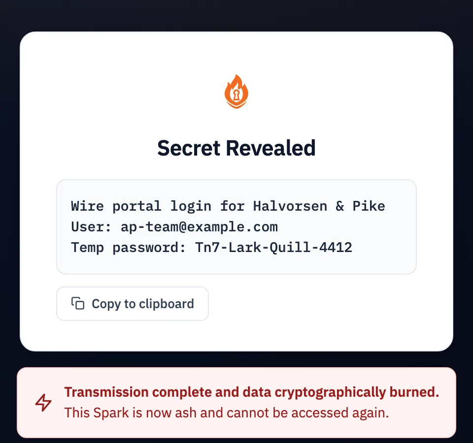 The same page after reading: the secret is shown once with a copy button, and a notice says the Spark is now ash