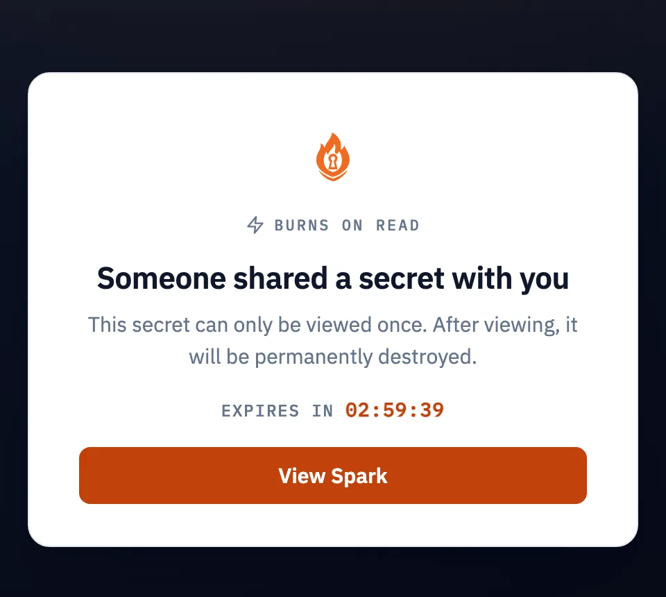 The recipient's x.sv page before reading: Someone shared a secret with you, burns on read, a countdown and a View Spark button
