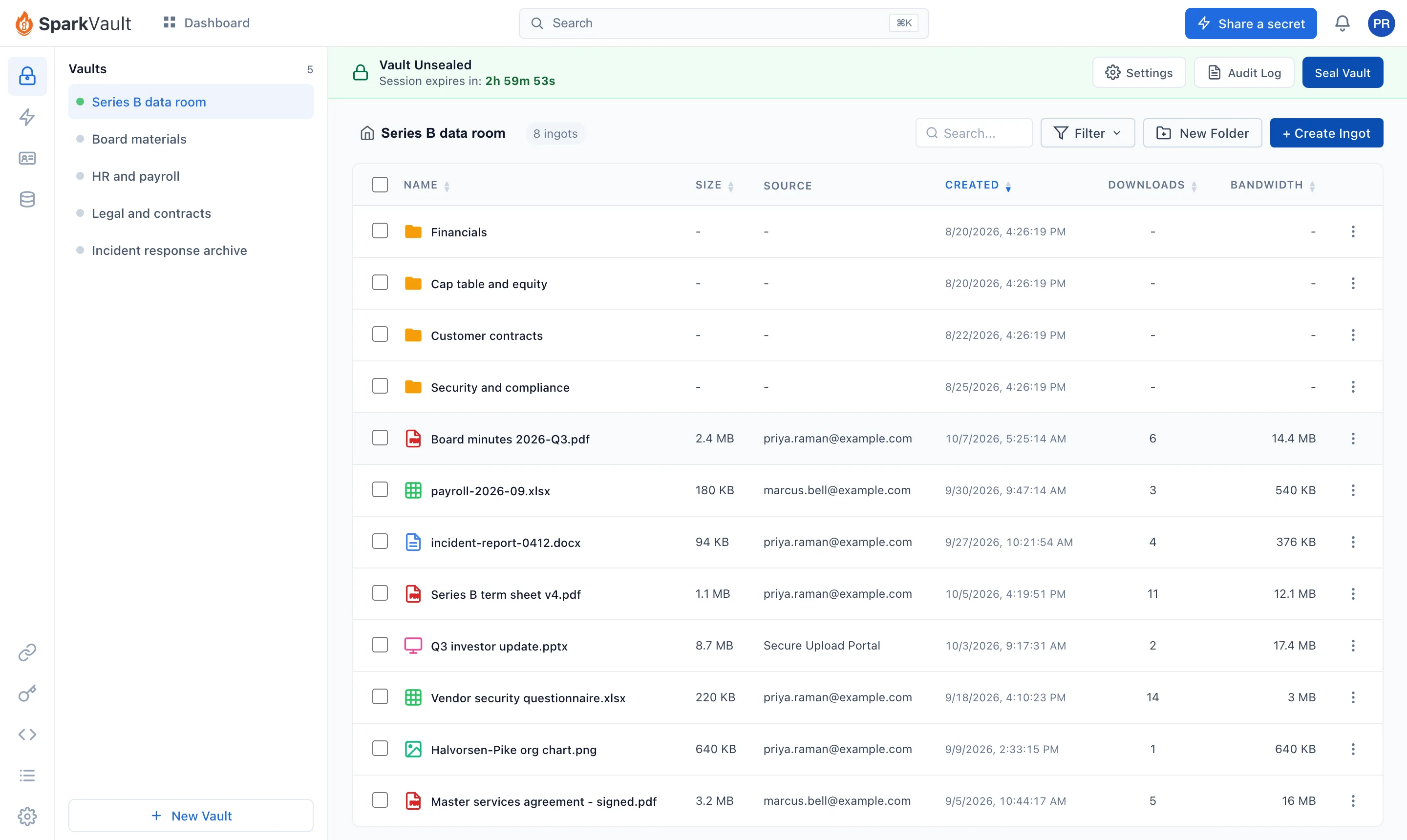 A SparkVault Vault in the console, unsealed: folders and encrypted files with their sizes, uploaders, dates and download counts